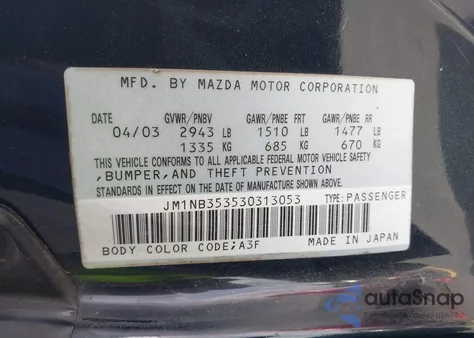 2003 Mazda Mx-5 Miata Cloth/Ls/Se/Shinsen из США, поврежденный, VIN JM1NB353530313053